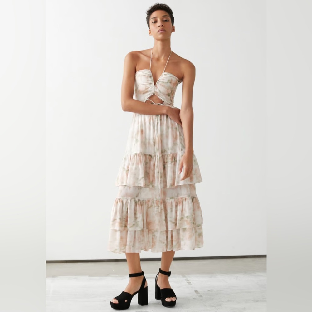 Frilled Halter White Cut-Out Ruffle Floral Midi Dress 0